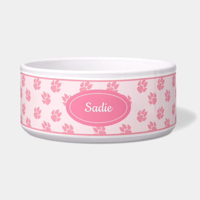 Écuelle Motif Empreintes de Chien Roses Avec Nom Personnal (Devant)