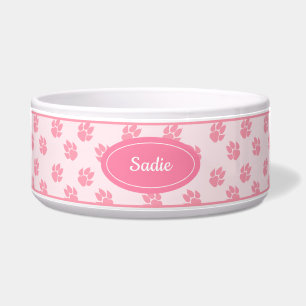 Écuelle Motif Pattes de Chien Roses Avec Nom Personnalisé