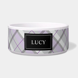 Écuelle Motif Plaid Gris Et Lilac Avec Nom De L'Animal