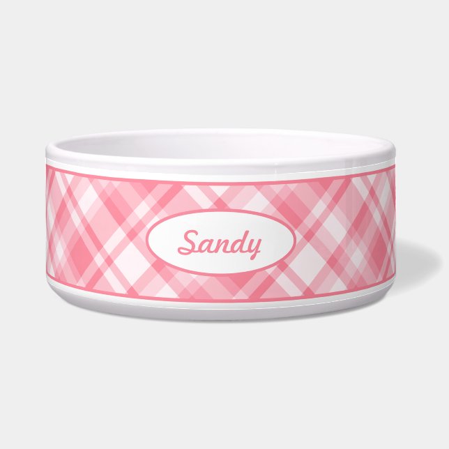 Écuelle Motif rose Plaid Avec Nom D'Animal Personnalisé (Devant)