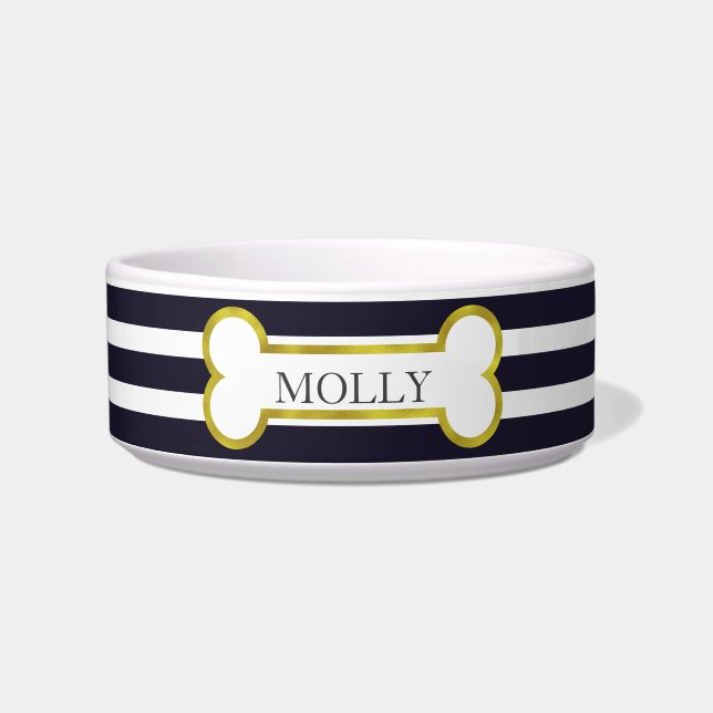 Écuelle Navy Blue Stripes & Gold Bone Personnalisé Bowl (Devant)