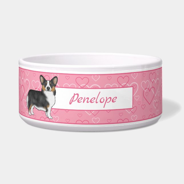 Écuelle Noir Tri Pembroke Welsh Corgi Coeurs Avec Nom (Devant)