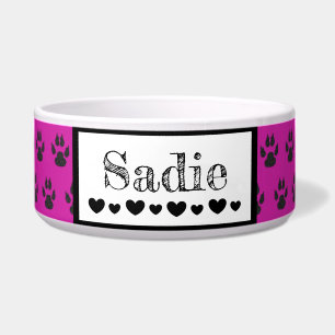 Écuelle Nom du chien mignon Empreinte de patte et Coeurs C