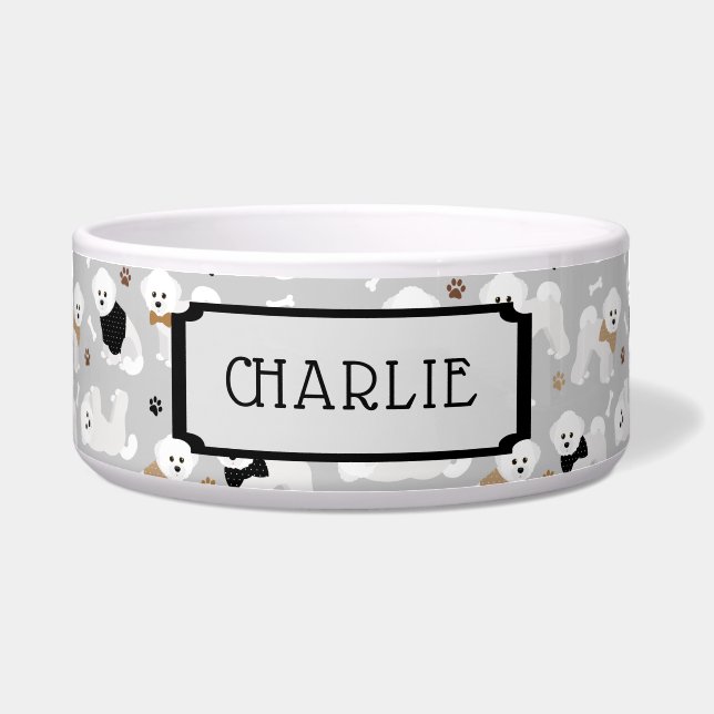 Écuelle Nom personnalisé Bichon Frise Motif Grey Chien Bow (Devant)