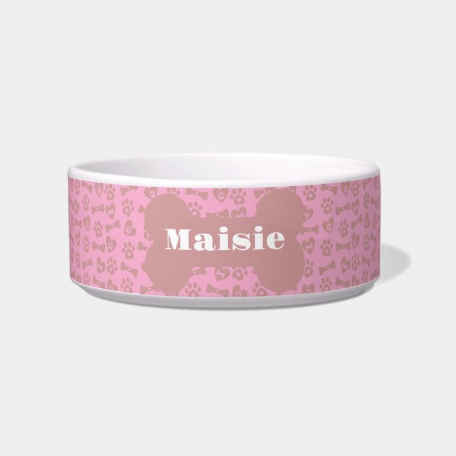 Écuelle Nom Personnalisé Os De Chien Rose Paws Et Coeurs (Devant)
