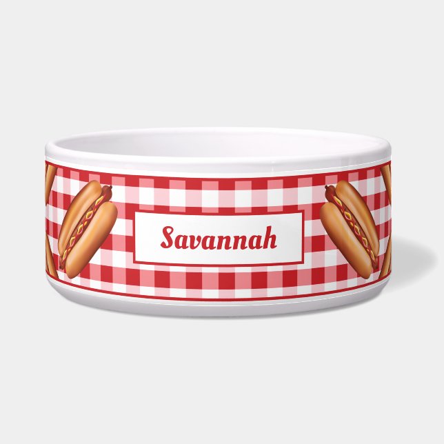 Écuelle Nourritures Chaudes De Chien Sur Gingham Rouge Et  (Devant)