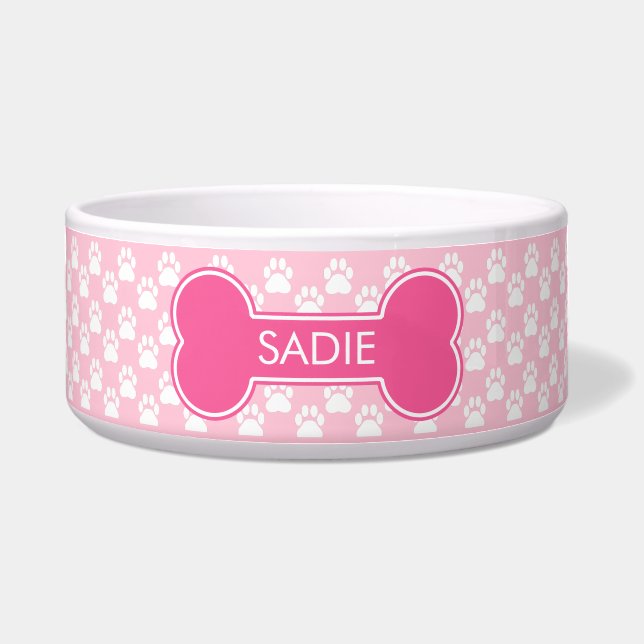 Écuelle Os de chien rose et pattes avec nom (Devant)