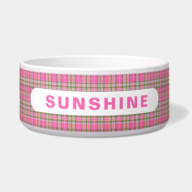 Écuelle Pink and Green Tartan Plaid Dog Name (Devant)