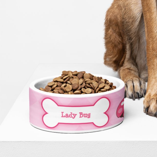 Écuelle Plat de chien de chien de jardin Ladybug - Rose cl (Ladybug Dog Bowl with personalized name)