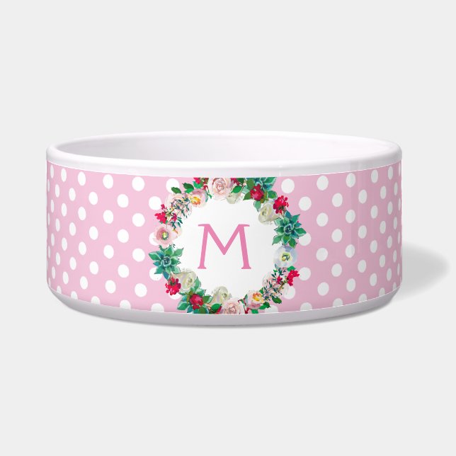 Écuelle Pois rose et blanc avec Monogram Pet (Devant)