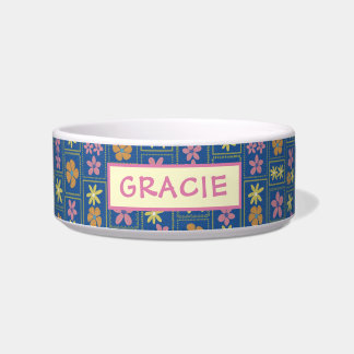 Écuelle Rétro Fleur Bleu Patchwork Chien Moyen Personnalis