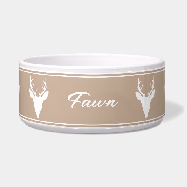 Écuelle Silhouette De Tête De Cerf Blanc Sur Beige Et Nom  (Devant)
