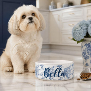Écuelle Toile de Jouy Fleurie Bleue Nom de Chien Personnal