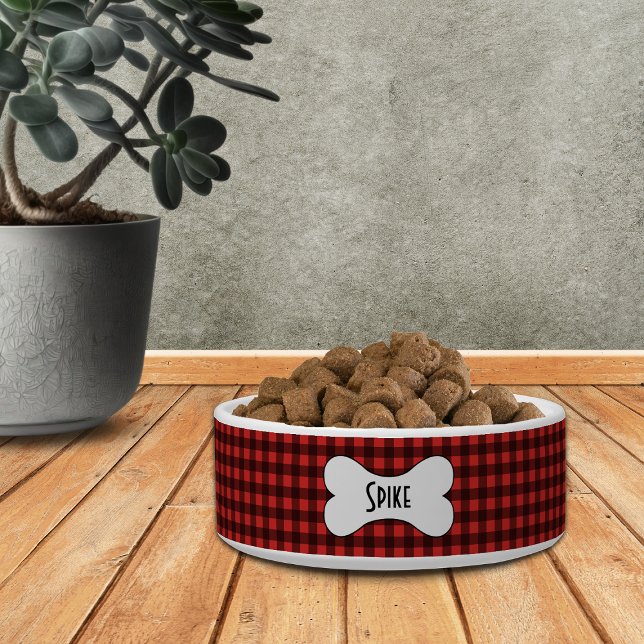 Écuelle Vichy noir et rouge buffle avec nom dans un os de  (Créateur téléchargé)