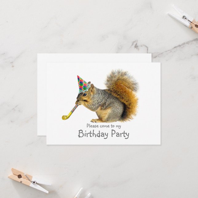 Écureuil avec souffleur Invitation de fête d'anniv (Devant/Arrière en situation)