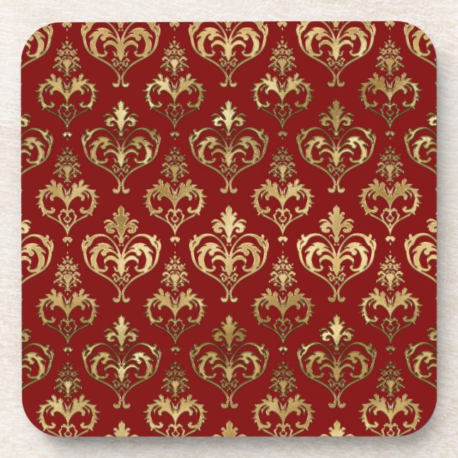 Edel Rot und Gold Herzchen Valentine's Damask Getränkeuntersetzer (Vorderseite)