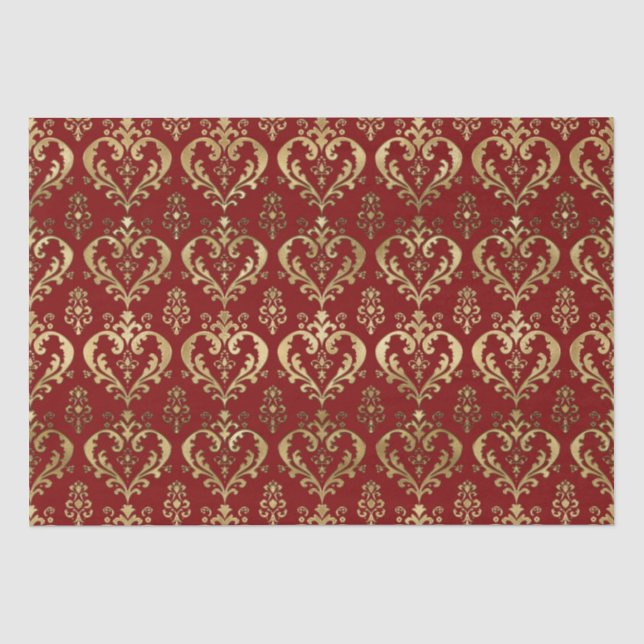 Edel Rot und Gold Herzchen Valentine's Damask Seidenpapier (Vorderseite)