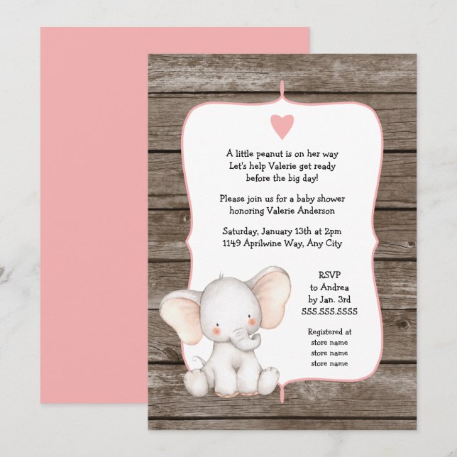 EDELBARE FARBE rustikale Girl Elephant Babydusche Einladung (Vorne/Hinten)