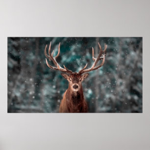 Edelhirsche männlich im Winterschneewald. Künstler Poster