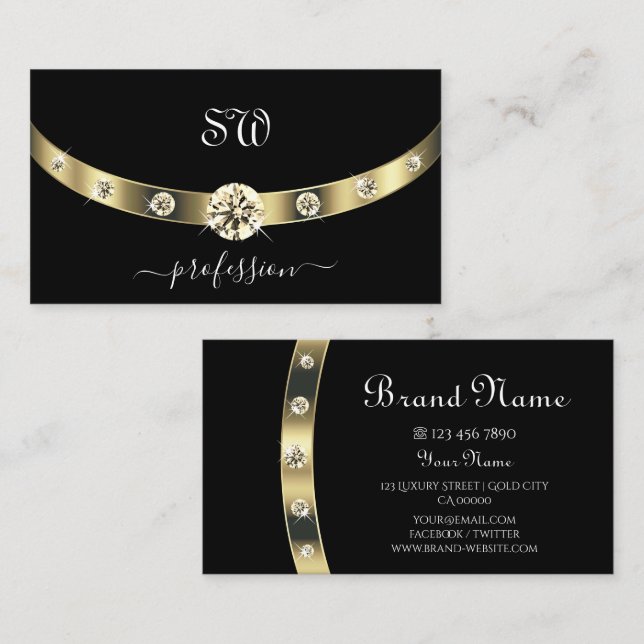 Edelschwarz und Gold mit Monogramm Beruflich Visitenkarte (Vorne/Hinten)