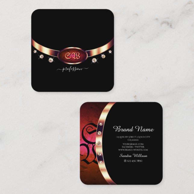 Edelschwarze Rose Gold und Roter Marmor mit Monogr Quadratische Visitenkarte (Vorne/Hinten)