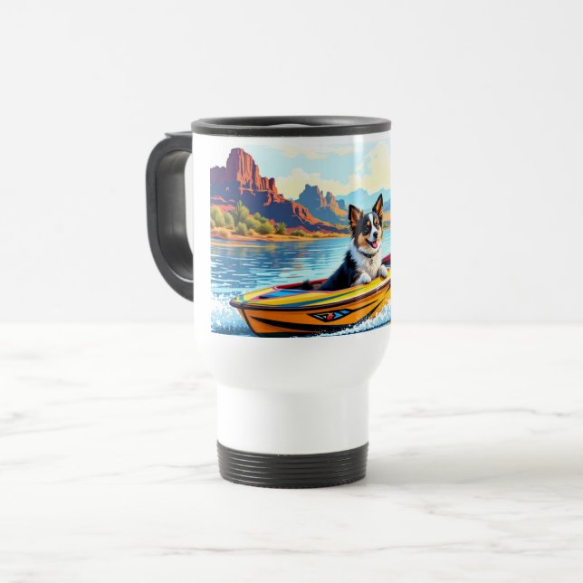 Edelstahl-Reisebecher mit Bild eines Boote fahrend Reisebecher (Vorderseite Links)