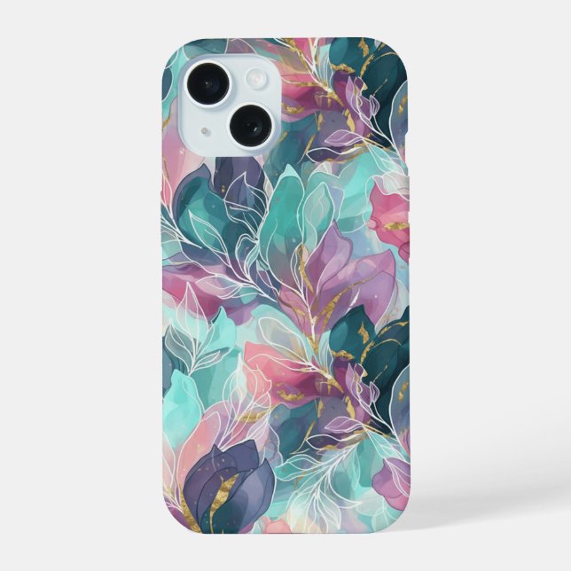 Edelstein-Ton-Blumenmuster iPhone 15 Hülle (Rückseite)