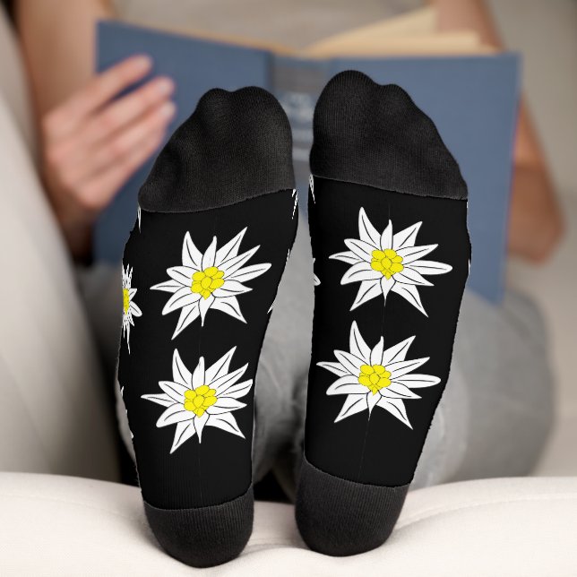 Edelweiss Doodle Blume Schwarze Crew Socken (Unterseite)