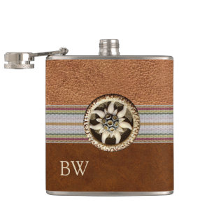 Edelweiss-Flasche mit Leder und Monogramm Flachmann