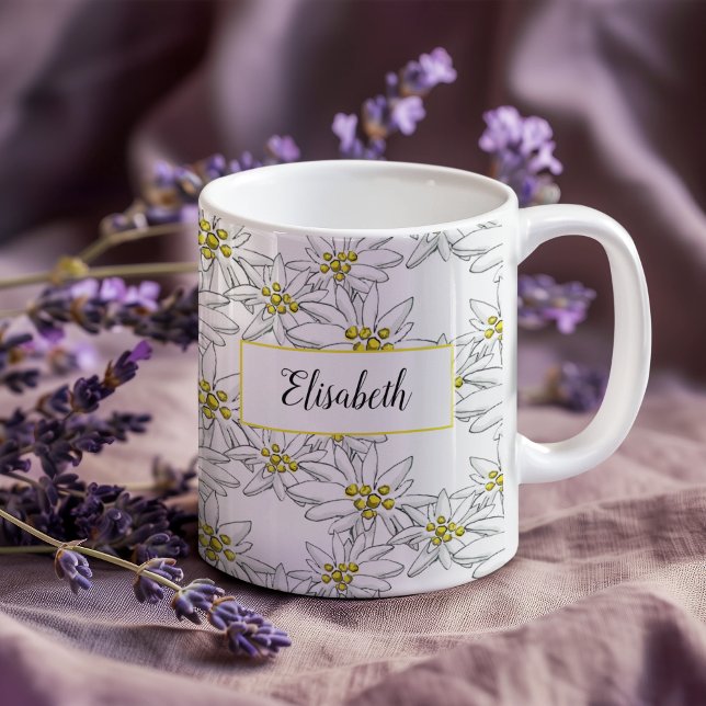 Edelweiss HandIllustrierte Personalisierte Wasserf Kaffeetasse (This Edelweiss mug features personalization in script among my own hand-drawn wildflowers.)