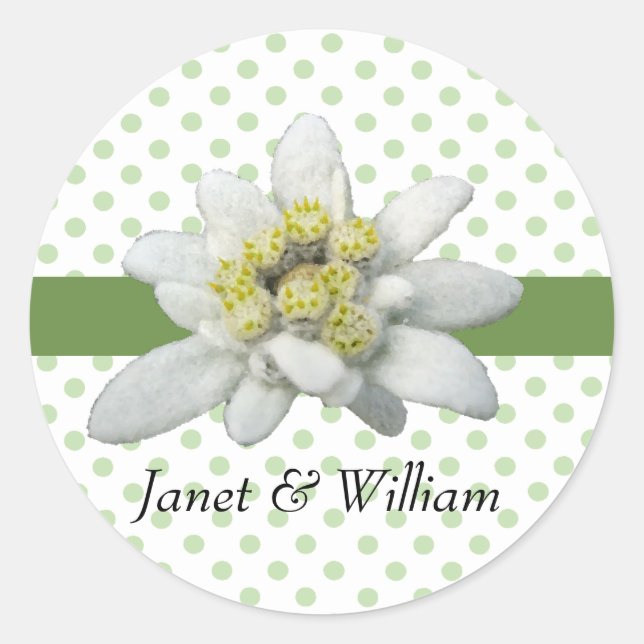 Edelweiss und Polka Dots Wedding Umschlag Aufklebe Runder Aufkleber (Vorderseite)