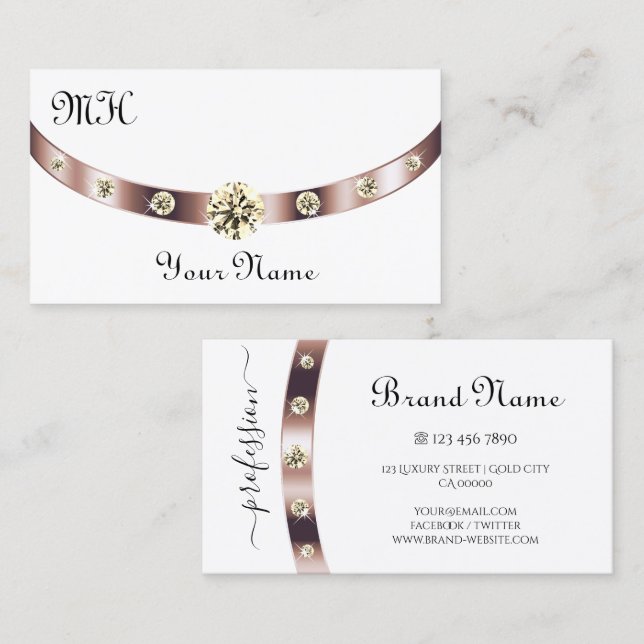 Edelweiß und Rose Gold mit Monogramm Luxus Visitenkarte (Vorne/Hinten)