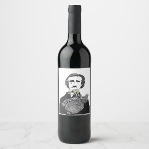 Edgar Allan Poe mit einem Raben auf seinem Chin Weinetikett