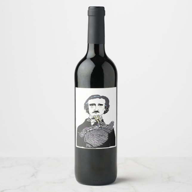 Edgar Allan Poe mit einem Raven auf seinem Chin Weinetikett (Vorderseite)