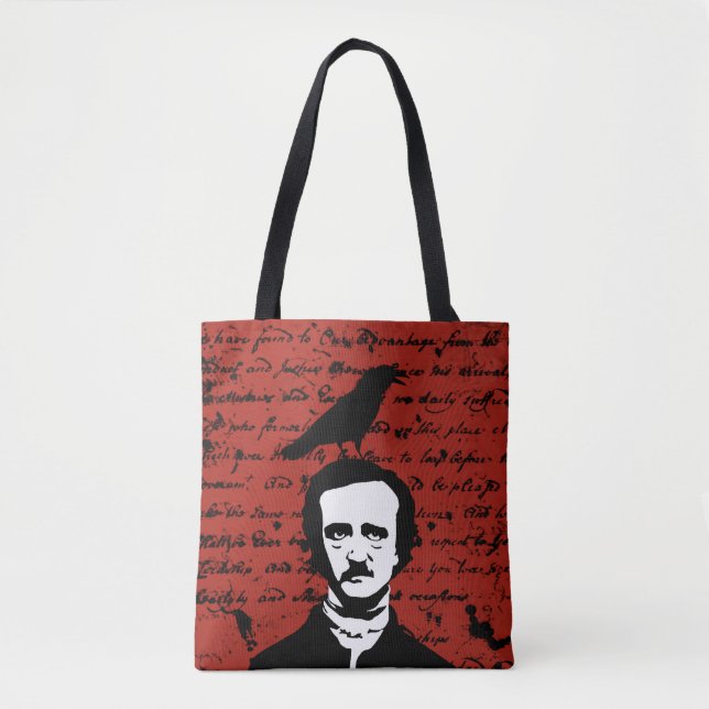 Edgar Allan Poe mit schwarzem Raben auf Rot Tasche (Vorderseite)