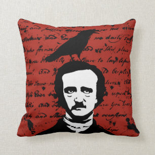 Edgar Allan Poe und Schwarz-Rabe auf Rot Kissen