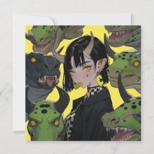 Edgy Anime Girl mit Dinosauriern Einladung