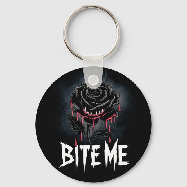 Edgy 'Bite Me' Gothic Rose Design Schlüsselanhänger (Vorderseite)