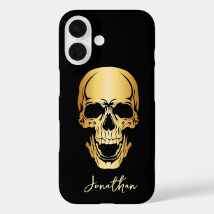 Edgy Black & Gold Skull Pattern Individuelle Name iPhone 16 Hülle