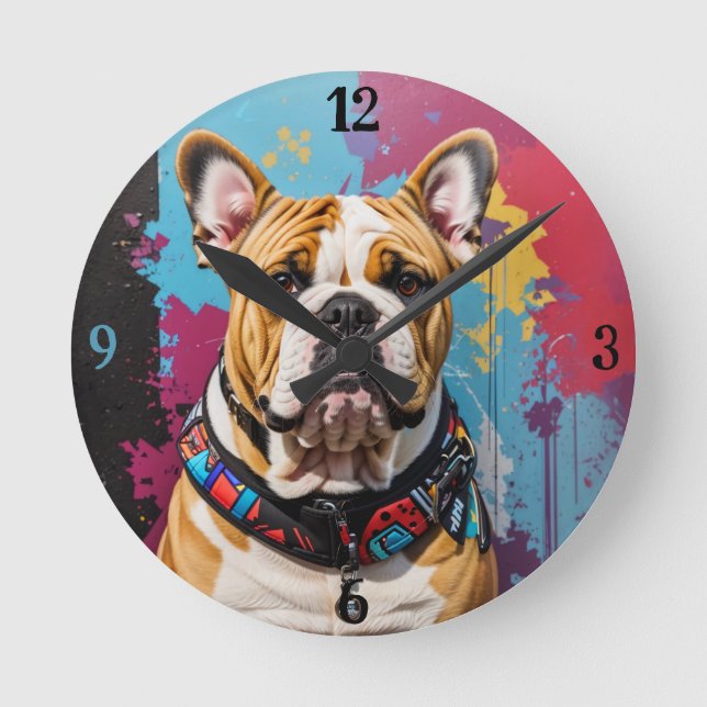 Edgy Bulldog Grunge Hintergrund Runde Wanduhr (Vorderseite)