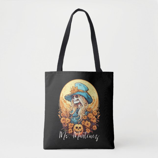 Edgy Cowgirl Skeleton Halloween Sonnenblumenlehrer Tasche (Vorderseite)