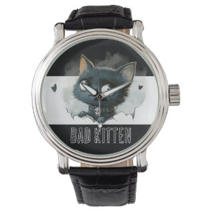 Edgy Kitten Illustration - "Bad Kitten" Text Armbanduhr