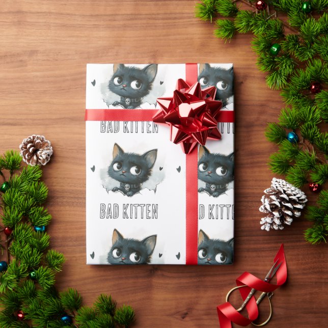 Edgy Kitten Illustration - "Bad Kitten" Text Geschenkpapier (Feiertagsgeschenk)