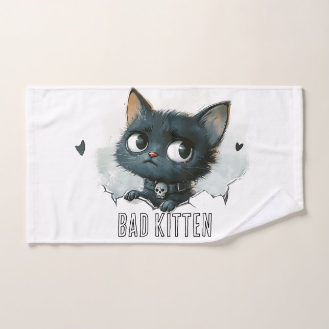 Edgy Kitten Illustration - "Bad Kitten" Text Handtuch (Handtuch)