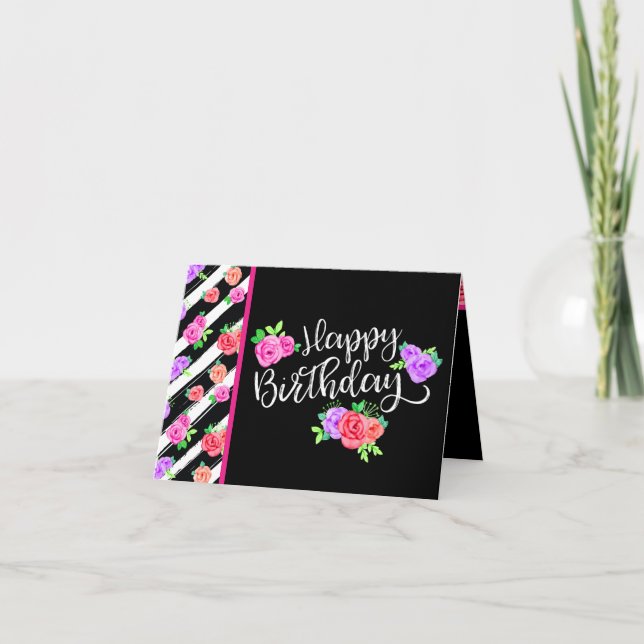 Edgy Rose & Moderne Streifen zum Geburtstag glückl Karte (Vorderseite)