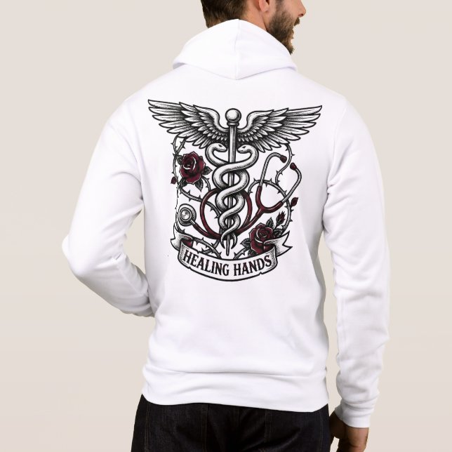 Edgy Tattoo Nurse Skull & Healing Hands Caduceus  Hoodie (Rückseite)