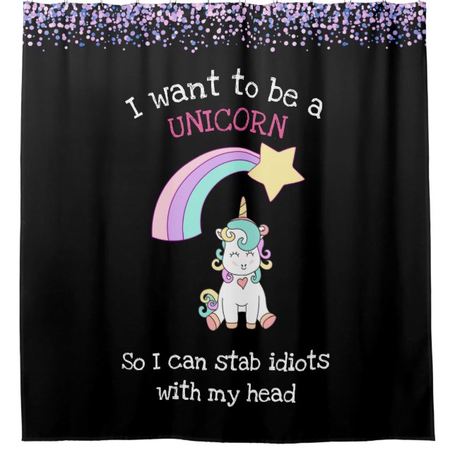 Edgy Unicorn mit Rainbow und Confetti Funny Duschvorhang (Vorderseite)