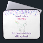 Edgy Unicorn mit Rainbow und Confetti Funny Laptopschutzhülle<br><div class="desc">Ein Laptop-Ärmel mit einem Einhorn zeichnend. Eine flauschige Wolke am Ende eines Regenbogens im Hintergrund. Rosa und lila Aquarellkonfetti schmücken den oberen Rand. Der Text sagt: Ich wollte ein Unicorn zu sein,  damit ich Idioten mit meinem Kopf stechen kann. Es ist lustig,  geil und niedlich.</div>