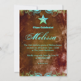 Edgy Western Sweet 16 Blue Brown Star Einladung