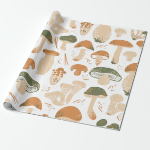 Edible Mushrooms seamless pattern. Linocut old sty Geschenkpapier